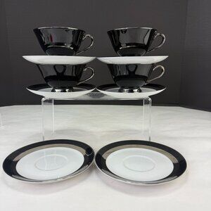 Vintage Gemini Fine China Japan Black and Silver Tone Tea Cups and Saucers Set